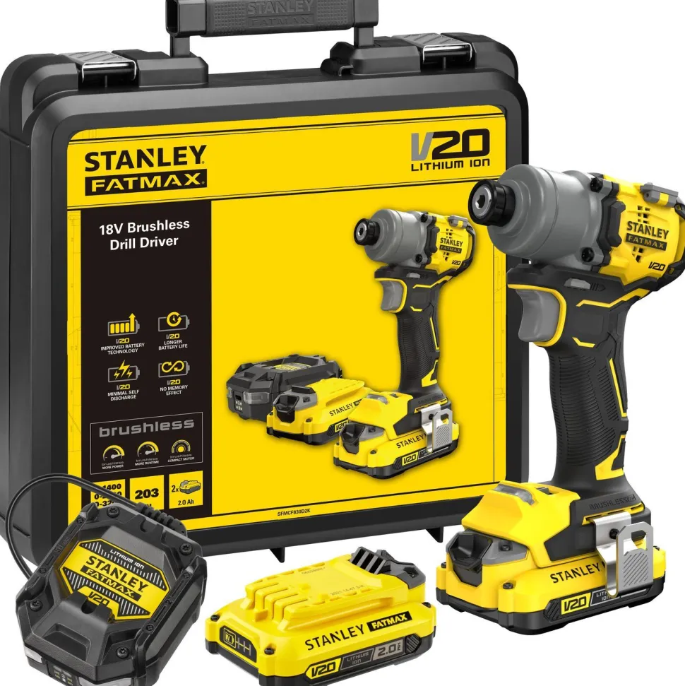 Akkuiskuruuvinväännin Stanley Fatmax V20 SFMCF830D2K-QW 3SP 18V 2x2,0 Ah akuilla + salkku