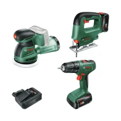 Akkukonesarja Bosch DIY EasyDrill 18V-40 + EasySaw 18V-70 + EasyOrbit 18V-10 2x2,5 Ah akuilla