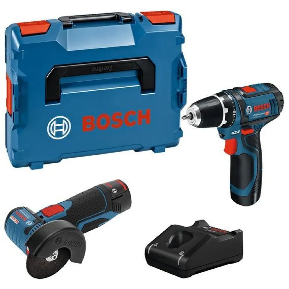 Akkukonesarja Bosch Professional GSR 12V-15 + GWS 12V-76 2x2,0 Ah akuilla + L-Boxx