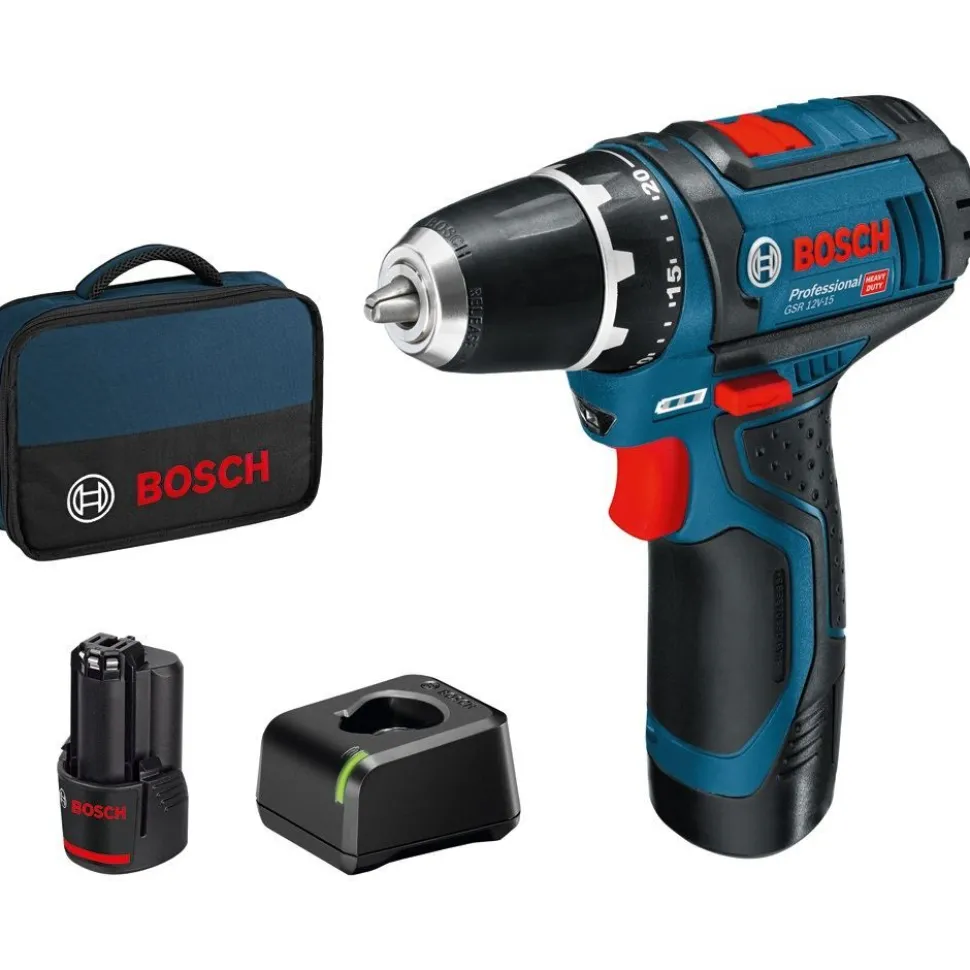 Akkuporakone Bosch Professional GSR 12V-15 12V 2x2,0 Ah akuilla + Bag
