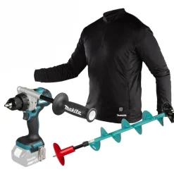 Akkuporakone jääkairalla Makita LXT DDF492Z + Rapala Lazer + lämpöpaita DCX201A CXT-akulla