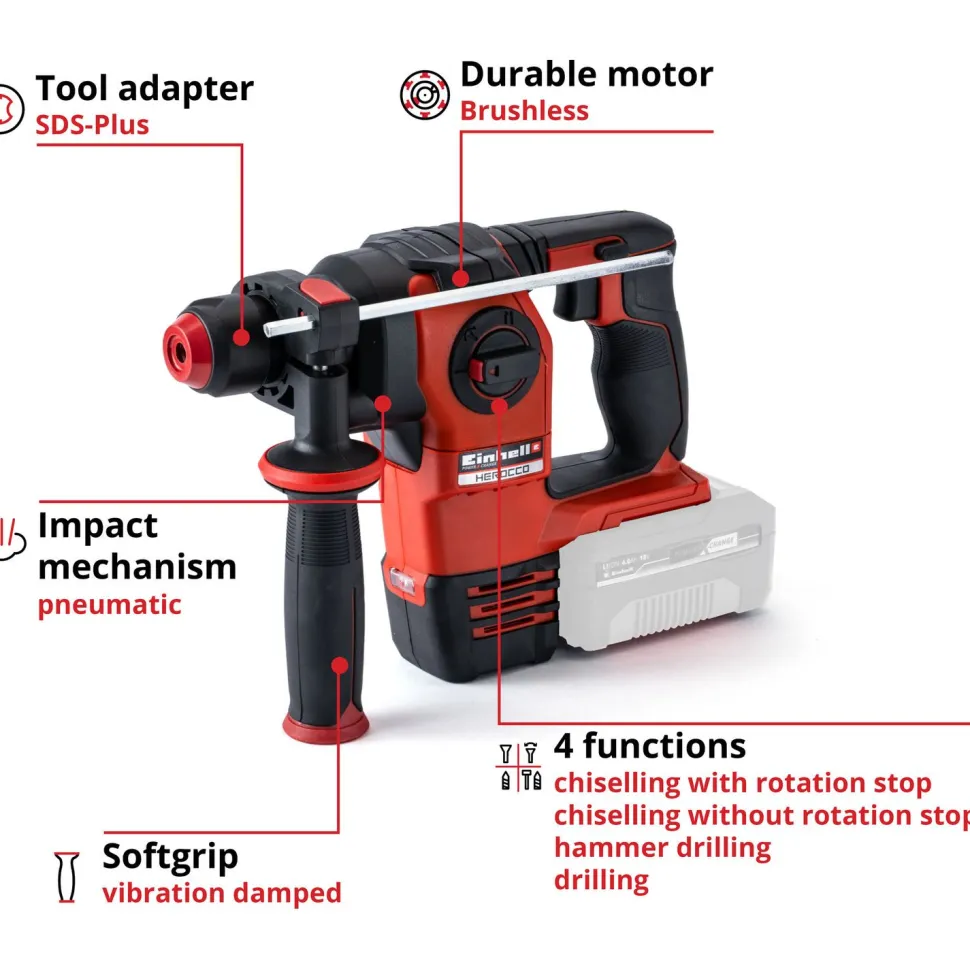 Akkuporavasara Einhell Power X-Change Herocco SDS+ 18V ilman akkua + E-Box -salkku