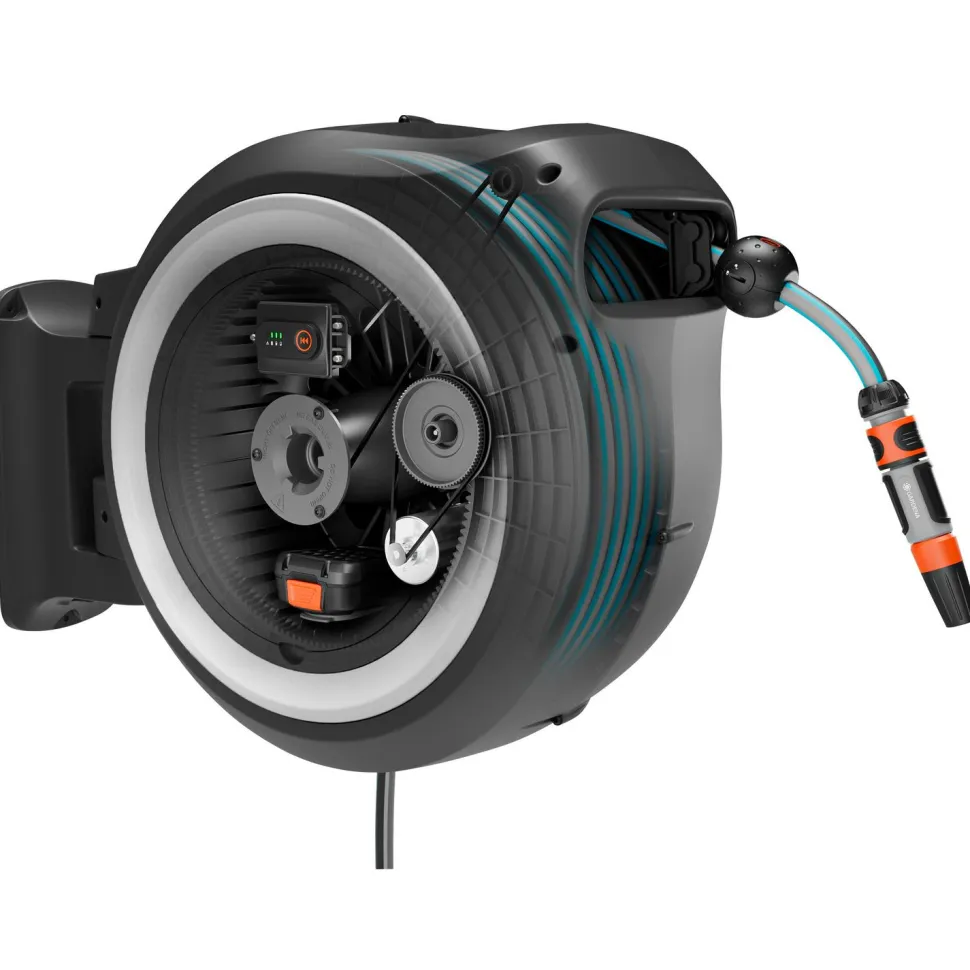 Akkutoiminen seinäletkukela Gardena PowerRoll XXL 40m valkoinen 18V 2,5 Ah akulla