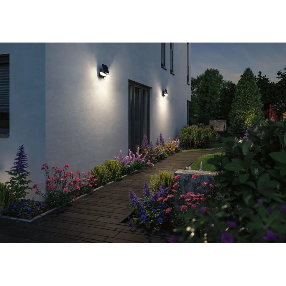 Aurinkokennoseinävalaisin Paulmann Lesla 150x130mm USB-ladattava hämäräohjattu liiketunnistin IR IP65 3000K 12.5W 1000lm antrasiitti