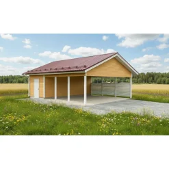 Autotakatoksen runkopaketti, kahden auton vaakarimoitettu katos kylmällä varastolla, kerrosala 21 m²