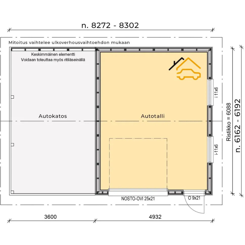 Autotalli ja -katos Piharati C1, 31m²