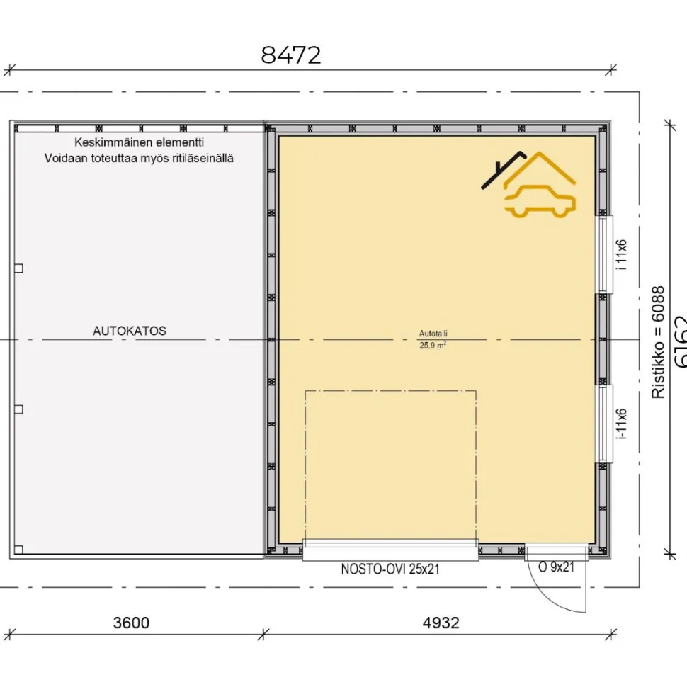 Autotalli ja -katos Piharati C1, 31m²