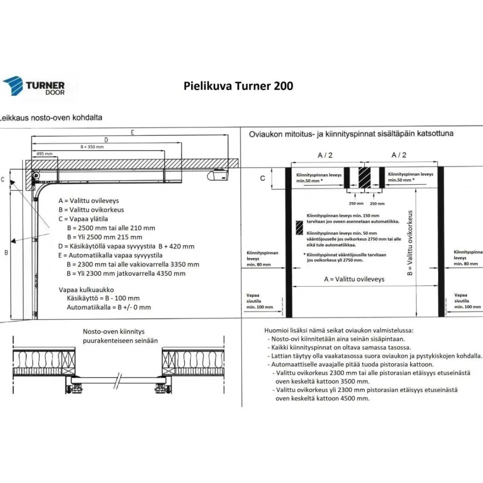 Autotallin nosto-ovi Turner T230 peilikuvio eri vaihtoehtoja