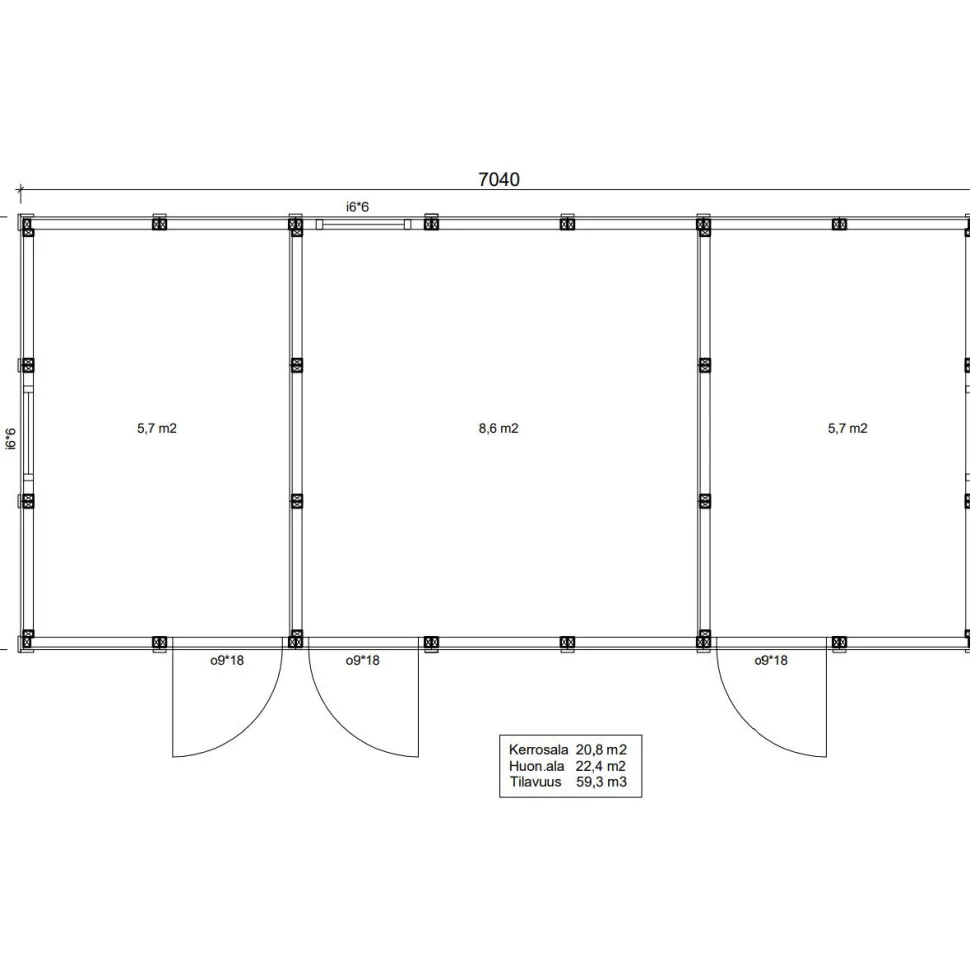 Elementtivarasto Timburg E13 7040x3180 mm 22.39 m² puuvalmis
