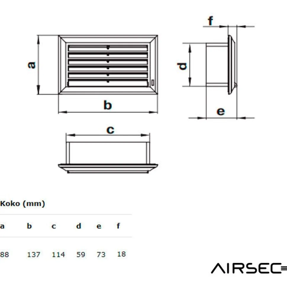 IV-kanavan päätysäleikkö Airsec 55x110 mm, muovi
