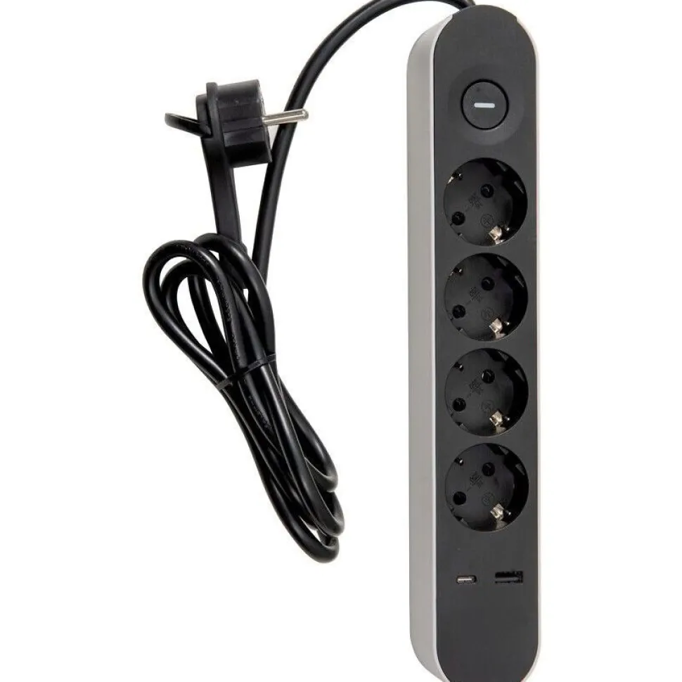 Jatkojohto Airam Trend, 4-osainen + USB-A + USB-C, 1.4m