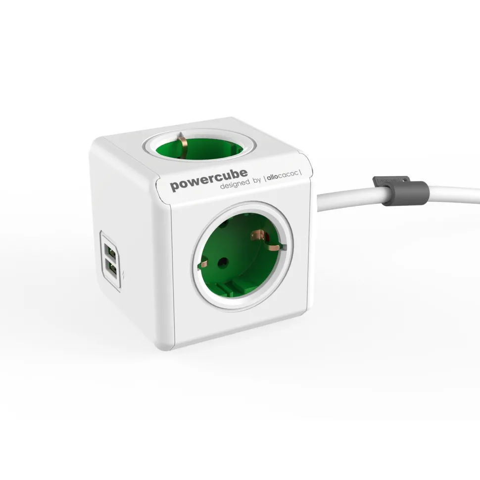 Jatkojohto Allocacoc PowerCube Extended USB 1,5 m 4-osainen + 2 x USB-A vihreä/valkoinen