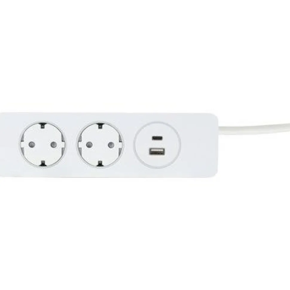 Jatkojohto Gelia 2+1+1 Kombi 2m 2-osainen + 1xUSB-A + 1xUSB-C valkoinen/harmaa