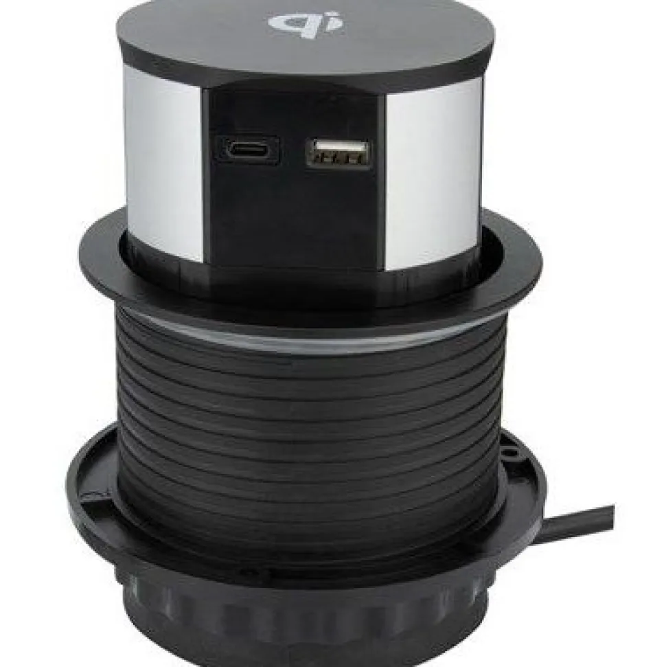 Jatkojohto Gelia Pop up 3+2+1 2m 3-osainen + 1xUSB-A + 1xUSB-C + langaton lataus musta/harmaa