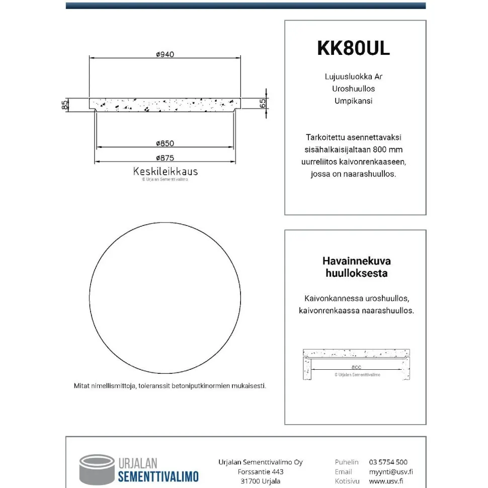 Kaivonkansi ø 800 mm umpinainen uros