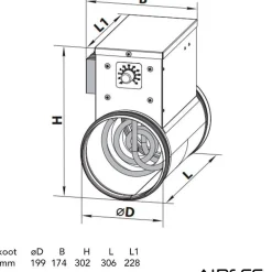 Kanavalämmitin Airsec NK 200-1.2-1 U, 200 mm/1.2 kW, integroitu termostaatti