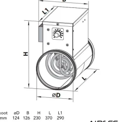 Kanavalämmitin Airsec NK 125-1.2-1 U, 125 mm/1.2 kW, integroitu termostaatti