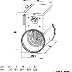 Kanavalämmitin Airsec NK 160-2.4-1 U, 160 mm/2,4 kW, integroitu termostaatti