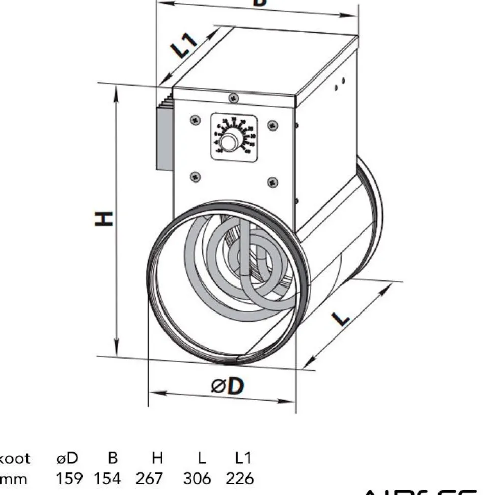 Kanavalämmitin Airsec NK 160-1.2-1 U, 160 mm/1.2 kW, integroitu termostaatti