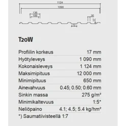 Kattopelti Ruukki R-T20-30W-1090, 0.45mm, polyesteri, eri värejä