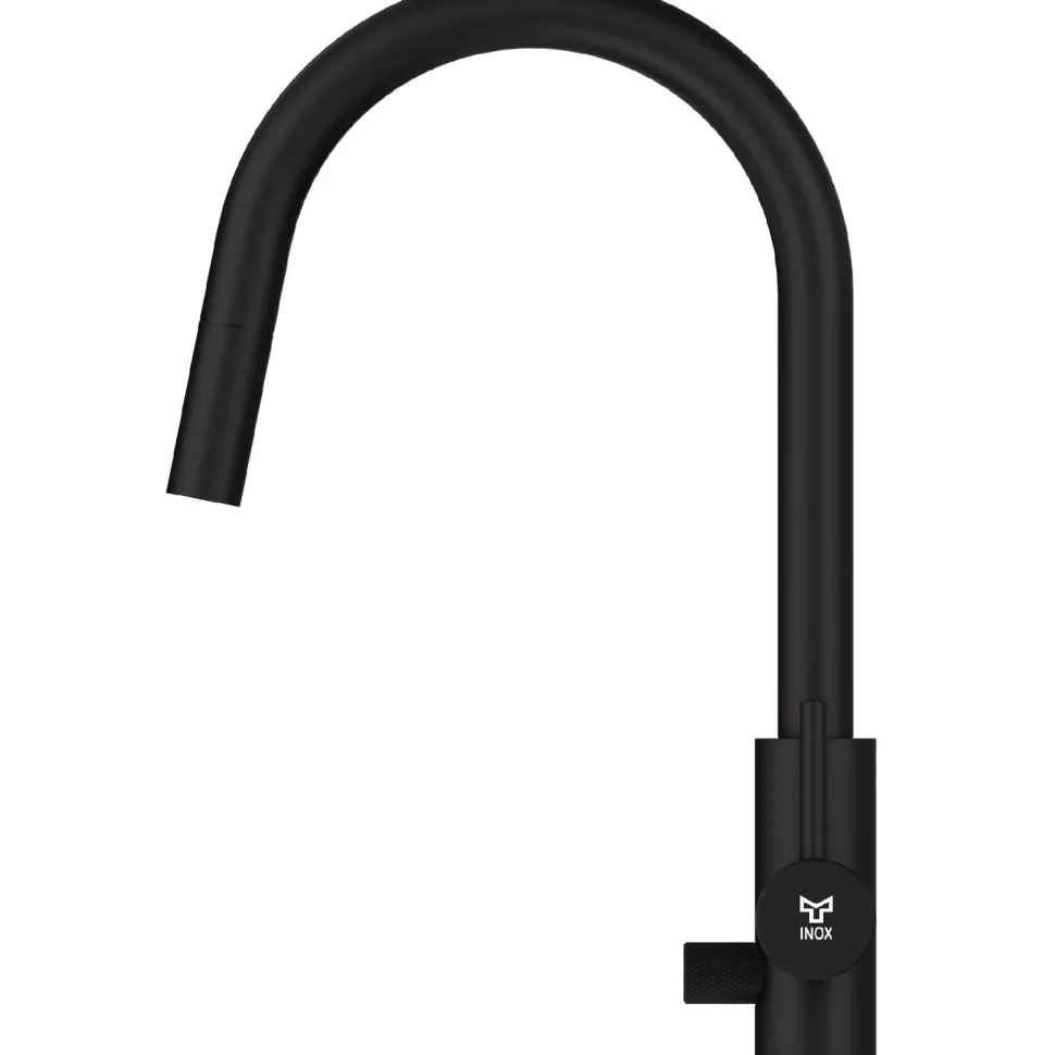 Keittiöhana INOX by Tammiholma Q1, ulosvedettävä juoksuputki ja APK-venttiili, mattamusta