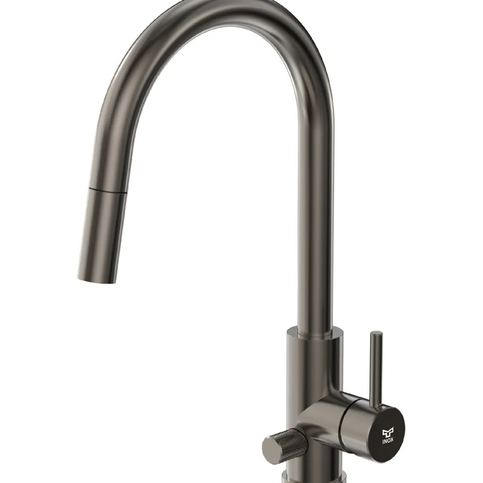 Keittiöhana INOX by Tammiholma Q1, ulosvedettävä juoksuputki ja APK-venttiili, gun metal