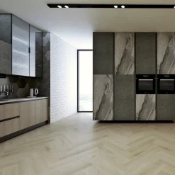 Kivikomposiittikalanruotovinyylilankku DomusFlooring Otso hiekkatammi, integroitu askeläänieriste