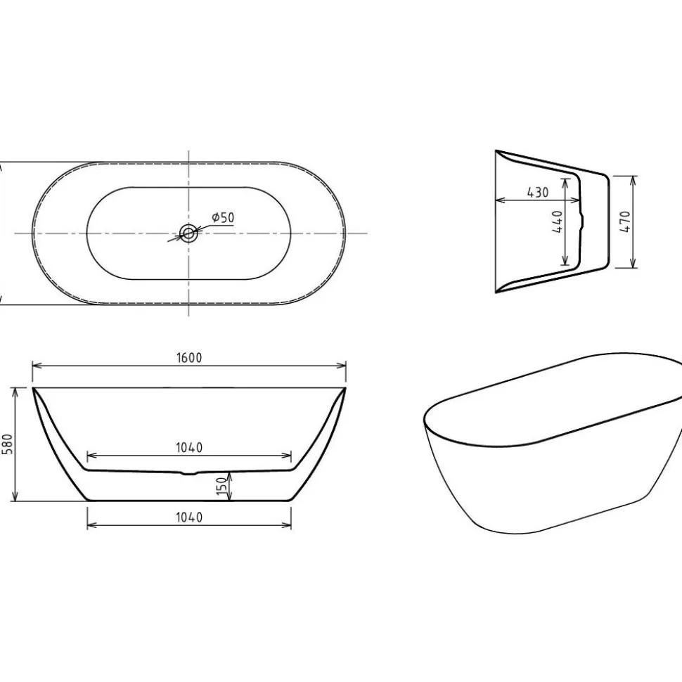 Kylpyamme Bathlife Stillsam, 1600 mm, musta