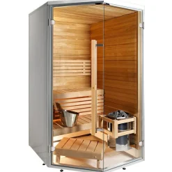 Kylpyhuonesauna Harvia Sirius Formula 1440x1240mm eri materiaaleja lämpökäsitelty panelointi kulmamalli