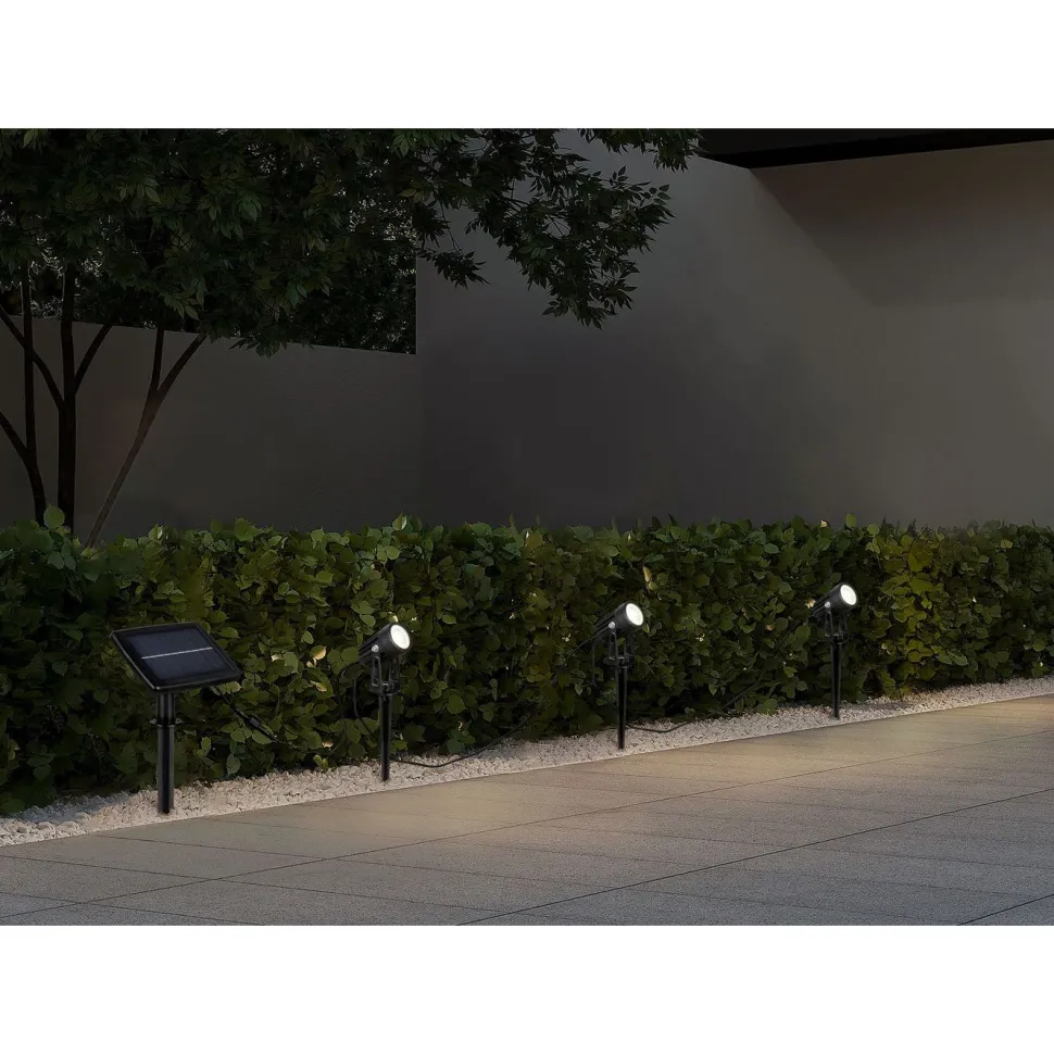 Ladattava aurinkokennovalaisin Trio Obidos Hybrid LED 3-osainen maapiikki hämärätunnistin 4000K mattamusta