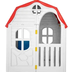 Lasten kokoontaittuva leikkimökki ovella ja ikkunoilla