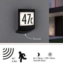 LED-numerovalaisin liike- ja hämärätunnistimella Paulmann Padea, Smart Home Zigbee 3.0, RGBW+, IP44, antrasiitti