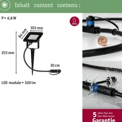 LED-puutarhaspotti Paulmann Plug & Shine Fluter, IP65, 3000K, 6,8W, musta