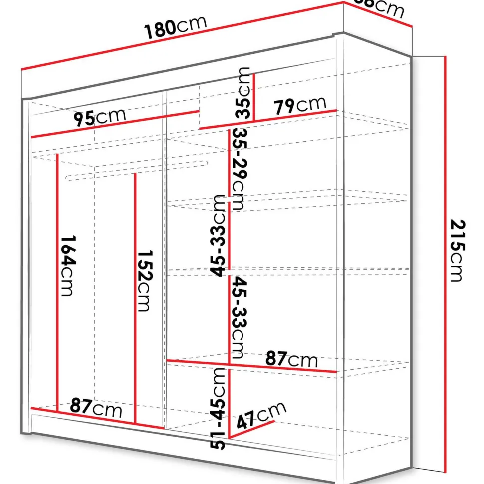 Liukuovivaatekaappi Nomla TALIN I, LED-valaistuksella, peilillä, 180x215cm