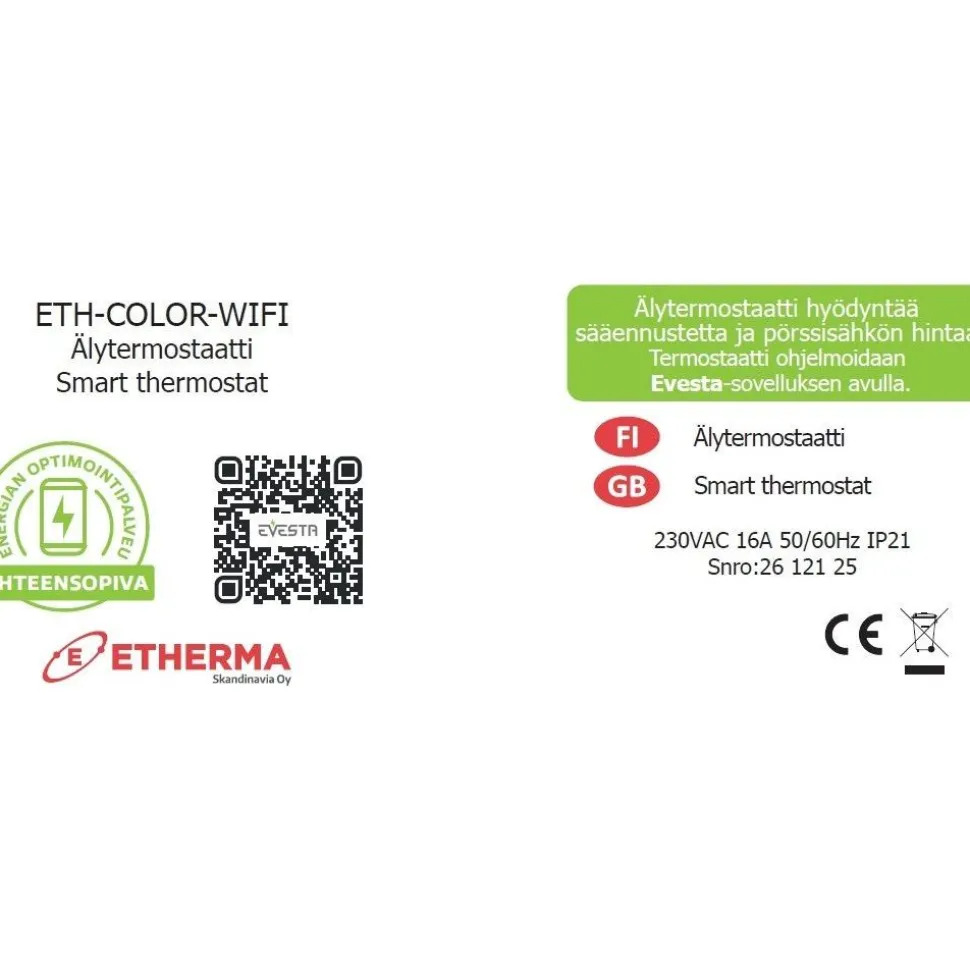 Älytermostaatti pörssisähköohjauksella Etherma ETH-COLOR-WIFI, värinäyttö
