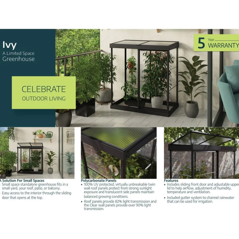Minikasvihuone Palram-Canopia IVY, 0.8m², polykarbonaatti, musta
