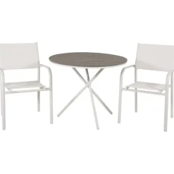 Parvekeryhmä Venture Home, ø90cm harmaa-valkoinen Parma-pöytä + 2 valkoista, pinottavaa Santorini-tuolia