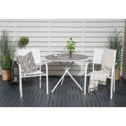 Parvekeryhmä Venture Home, ø90cm harmaa-valkoinen Parma-pöytä + 2 valkoista, pinottavaa Santorini-tuolia