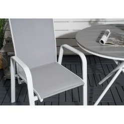 Parvekeryhmä Venture Home, ø90cm harmaa-valkoinen Parma-pöytä + 2 harmaa-valkoista, pinottavaa Copacabana-tuolia
