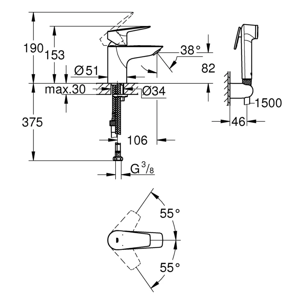Pesuallashana Grohe Bau Edge, bideesuihkulla, kromi