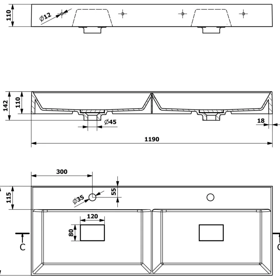 Pesuallas Interia Godiva 1190 x 440 mm kaksialtainen kivi valkoinen