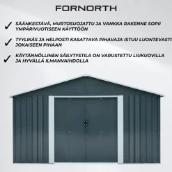 Pihavarasto Fornorth, sokkelilla, harmaa, eri kokoja