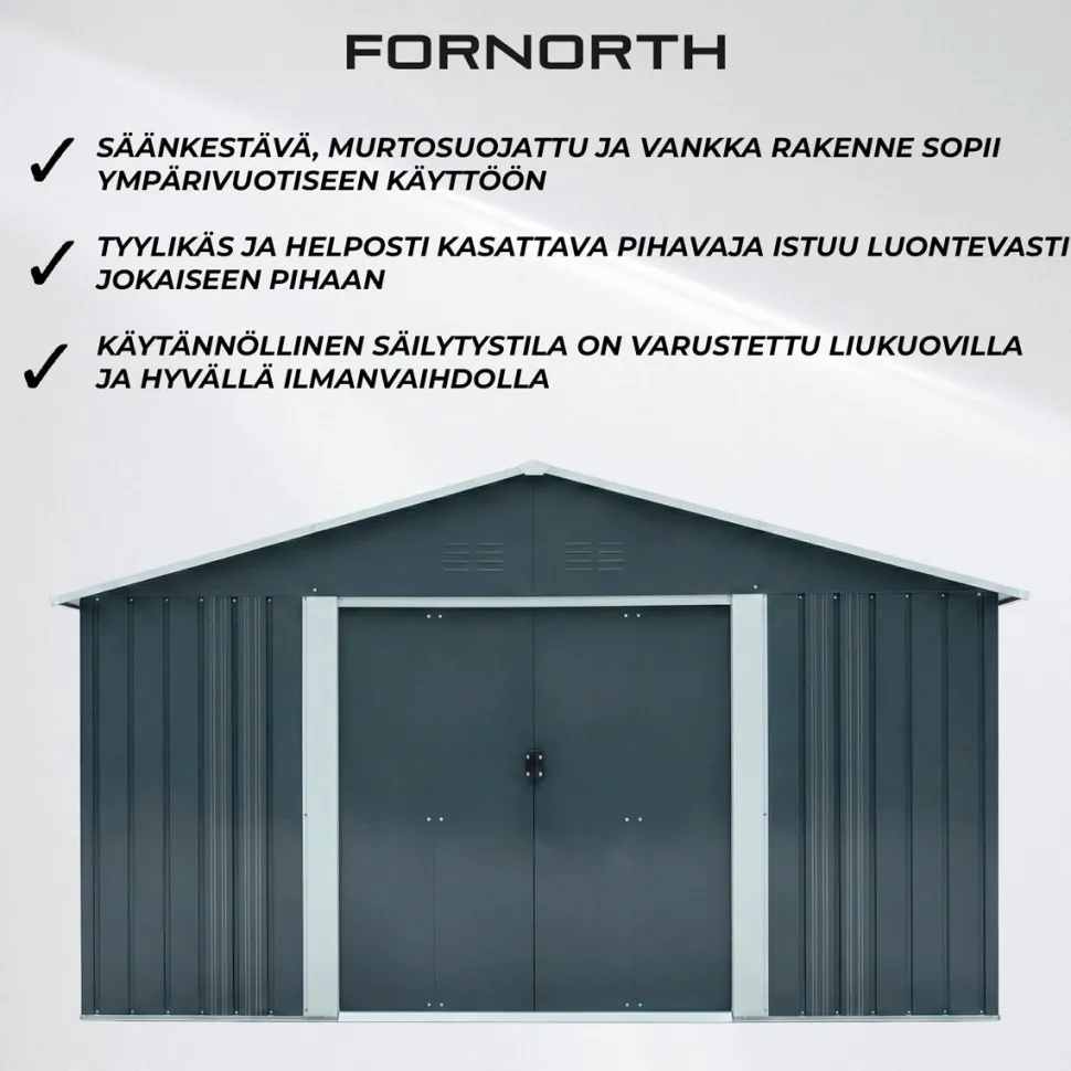 Pihavarasto Fornorth, sokkelilla, harmaa, eri kokoja