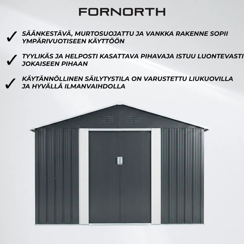Pihavarasto Fornorth, sokkelilla, harmaa, eri kokoja