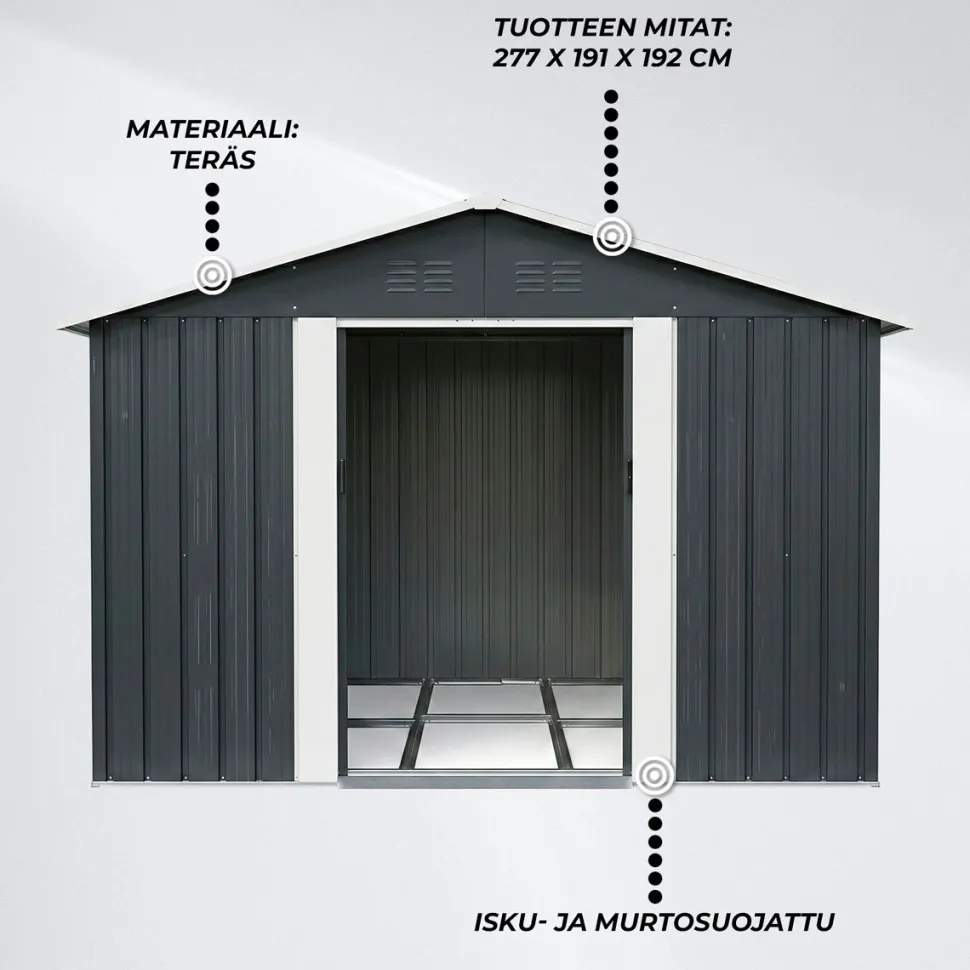 Pihavarasto Fornorth, sokkelilla, harmaa, eri kokoja