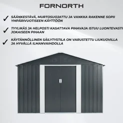 Pihavarasto Fornorth, sokkelilla, harmaa, eri kokoja
