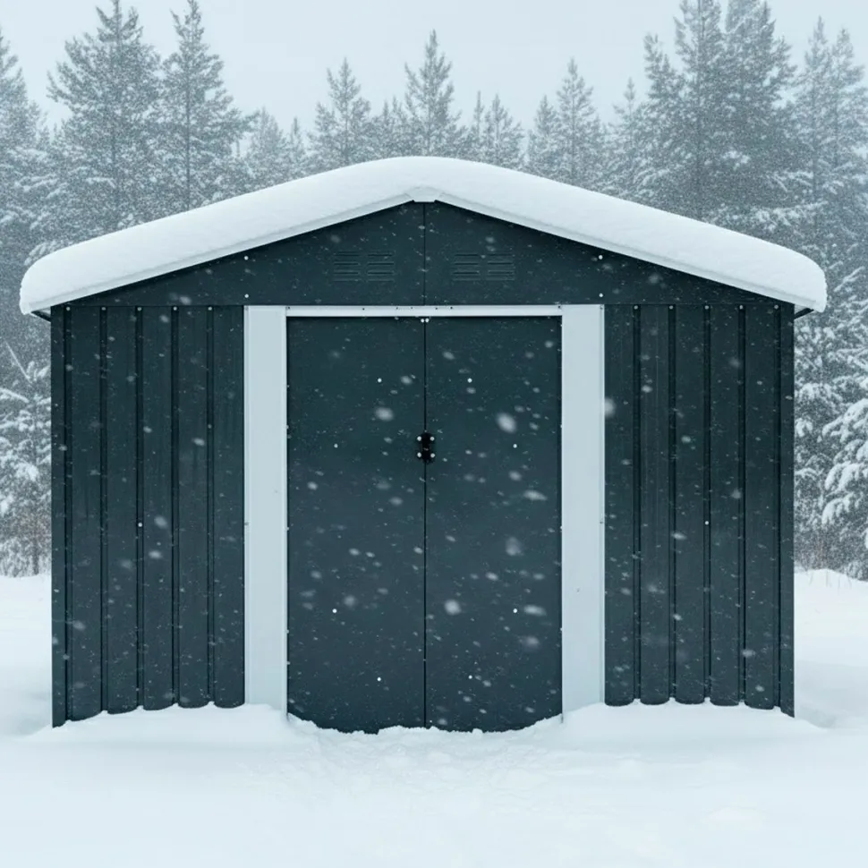Pihavarasto Fornorth, sokkelilla, harmaa, eri kokoja