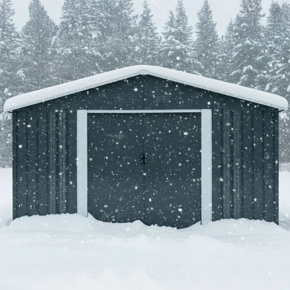 Pihavarasto Fornorth, sokkelilla, harmaa, eri kokoja