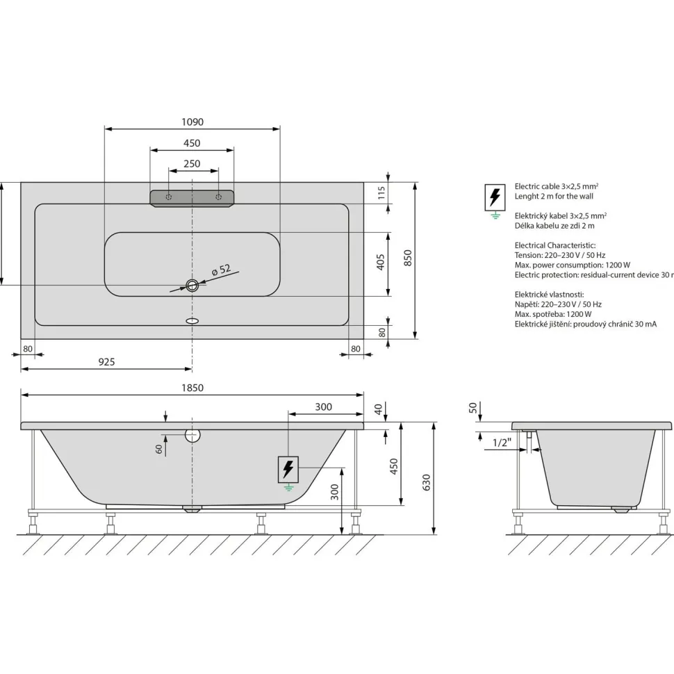 Poreamme Interia Cascata Highline Hydro, 1850x850x450mm, 290l, musta/valkoinen