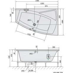 Poreamme Interia Evia Highline Hydro-Air, 1700x1000x470mm, oikea, 255l, valkoinen